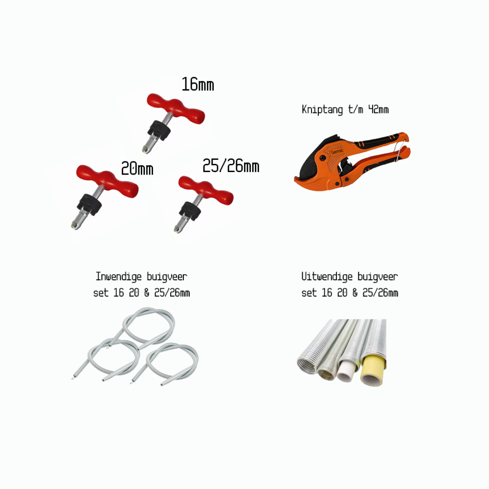 Compleet montagepakket voor meerlagenbuis – PVC knipper, inwendige & uitwendige buigveren, kalibrators, ontbramers – 16 / 20 / 25 / 26 mm | PEX | Germat Compleet montagepakket voor meerlagenbuis – PVC knipper, inwendige & uitwendige buigveren, kalibrators, ontbramers – 16 / 20 / 25 / 26 mm | PEX | Germat