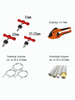 Compleet montagepakket voor meerlagenbuis – PVC knipper, inwendige & uitwendige buigveren, kalibrators, ontbramers – 16 / 20 / 25 / 26 mm | PEX | Germat