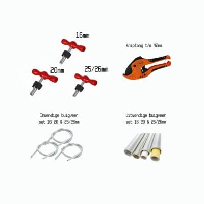 Compleet montagepakket voor meerlagenbuis – PVC knipper, inwendige & uitwendige buigveren, kalibrators, ontbramers – 16 / 20 / 25 / 26 mm | PEX | Germat