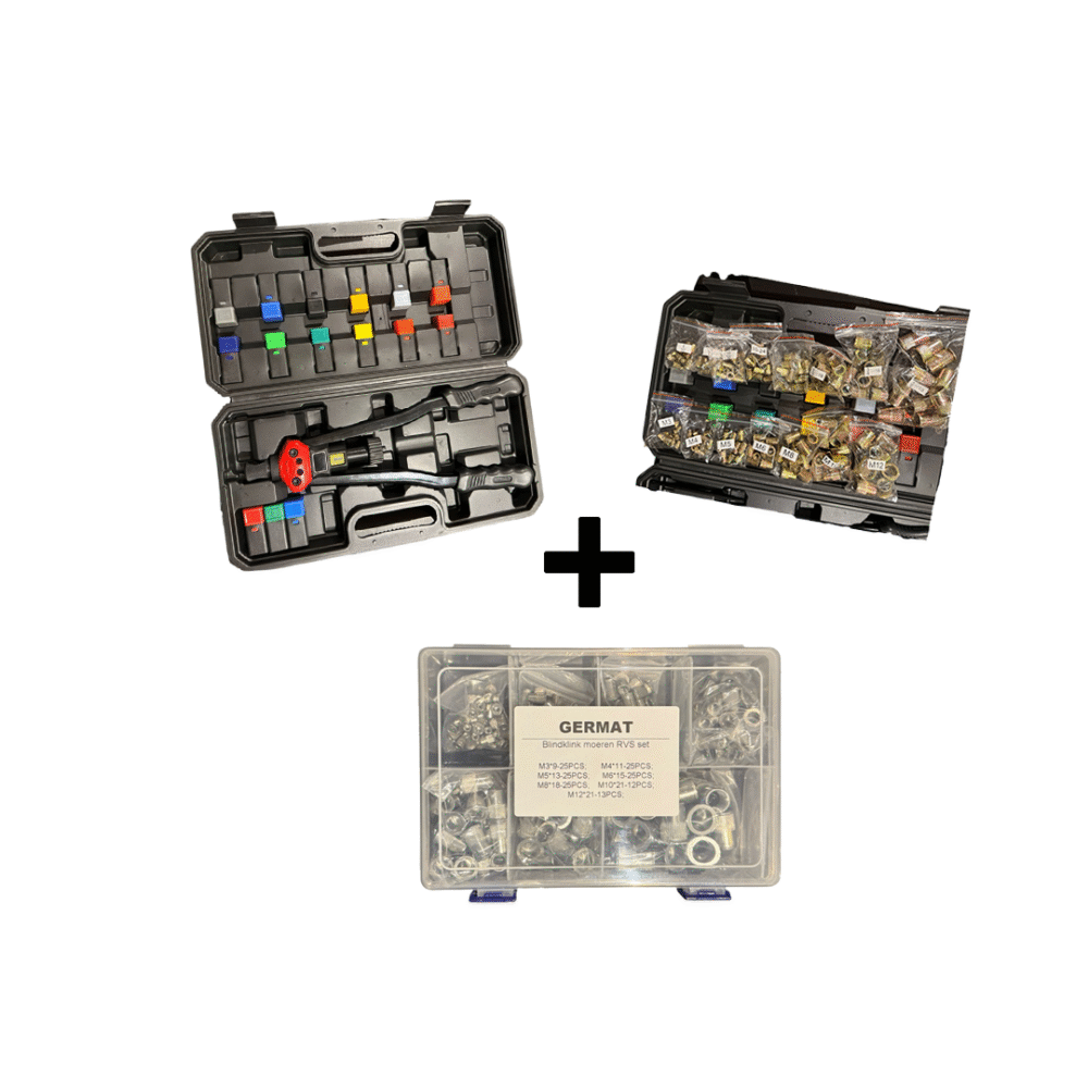 Germat complete blindklinkmoer set incl. tang + RVS assortiment M3–M12