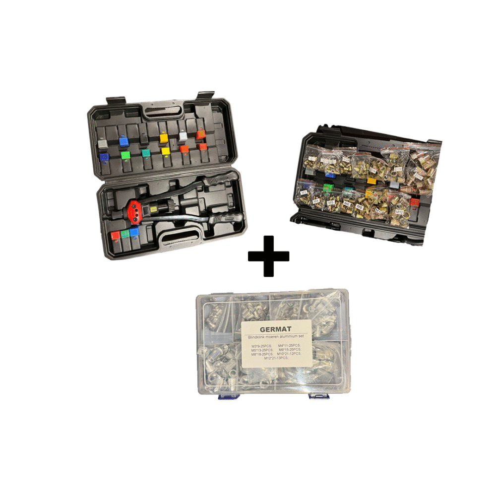 Germat complete blindklinkmoer set incl. tang + aluminium assortiment M3–M12